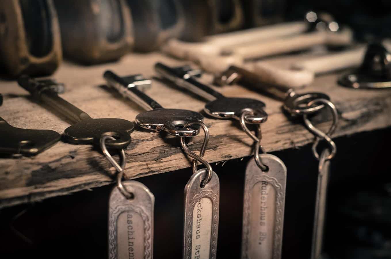 Old skeleton keys and tags as props for Escape Room in San Diego